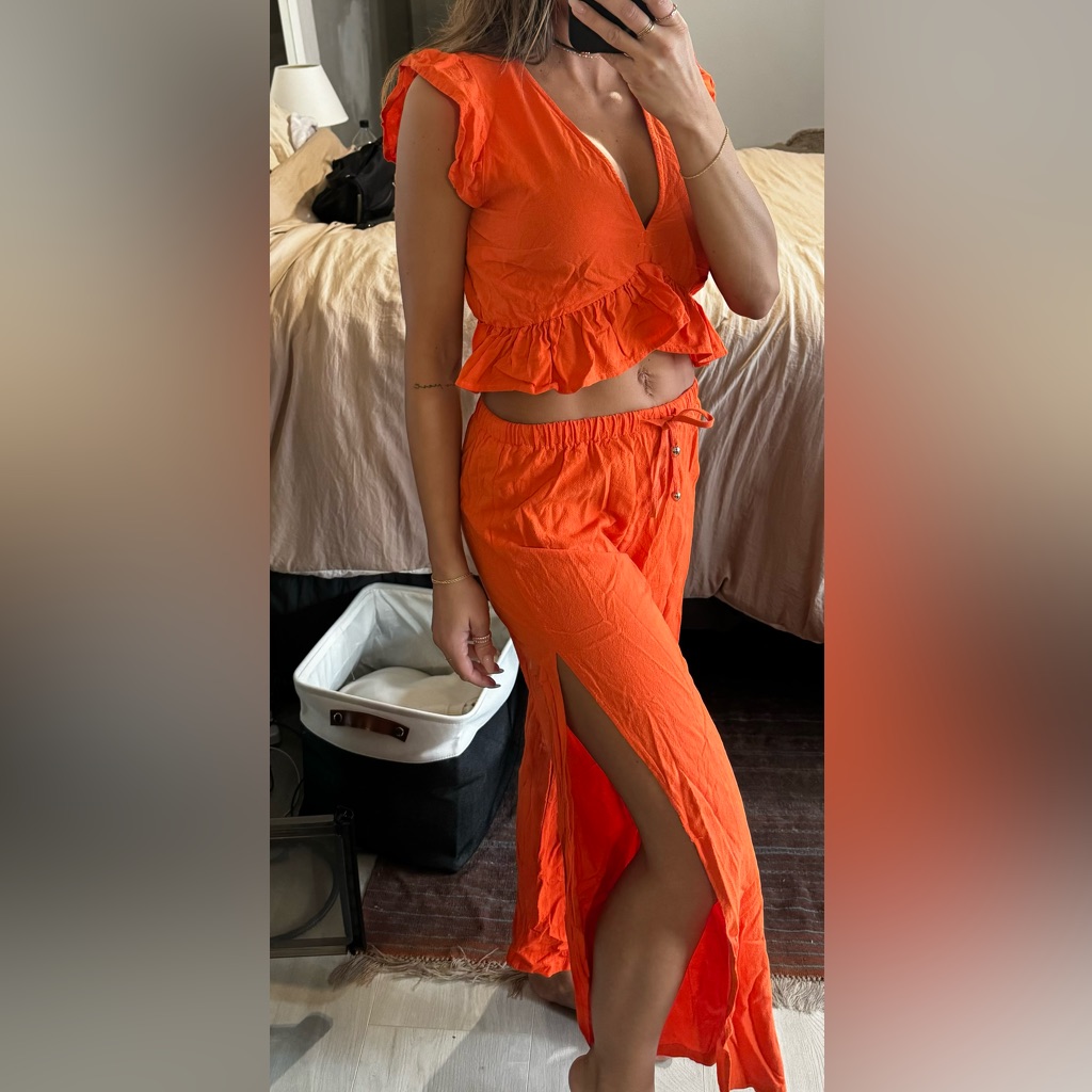 Sunset Orange Tunic Pant Set With Slit For Resort Wear Crop Top Blouse